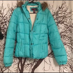 Vanity puffer coat light blue princess fur hood